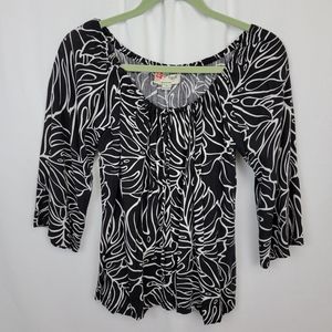 Hilo Hattie Hawaiian black white blouse